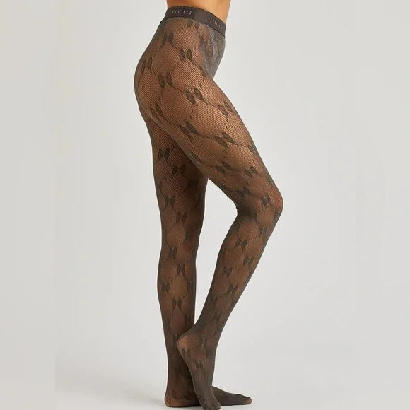 Gucci Grey Lurex Sparkly GG Logo Monogram Tights - Picture 2 of 3